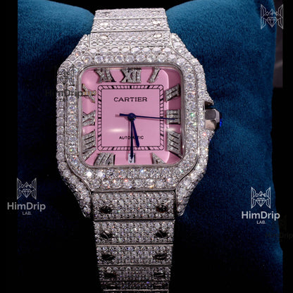 Customized Cartier Santos | Fully Iced Out Diamond Watch | Pink Dial | Automatic Movement
