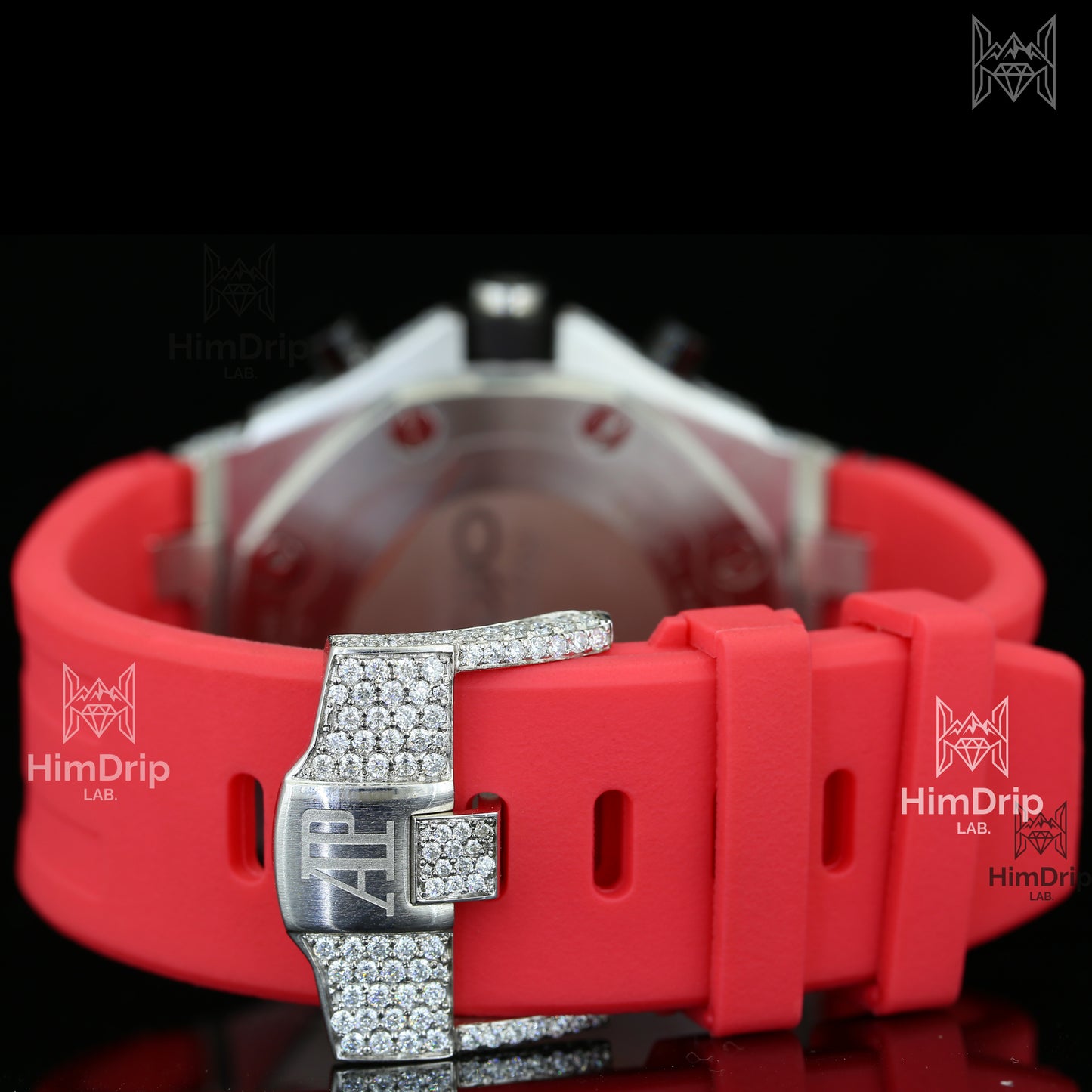 Customized Audemars Piguet Royal Oak Offshore | Iced Out | Rose Gold Bezel | Red Rubber Strap | Automatic Movement