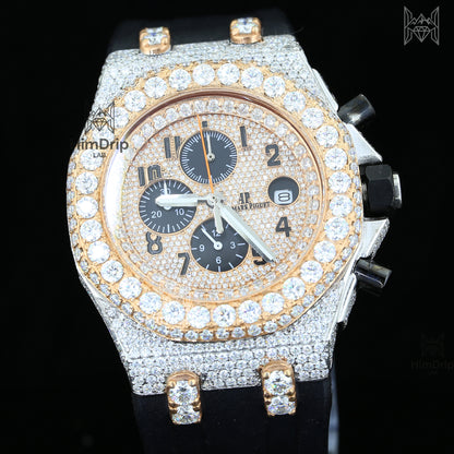 18K White & Rose Gold Plated Iced Out Moissanite Watch – Black Silicone Strap | D VVS Moissanite | Japanese Automatic Movement