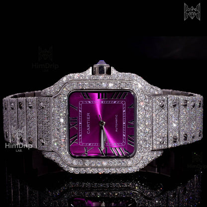 18K White Gold Plated Iced Out Square Moissanite Watch – Purple Dial | D VVS Moissanite | Japanese / Semi ETA / ETA Automatic Movement