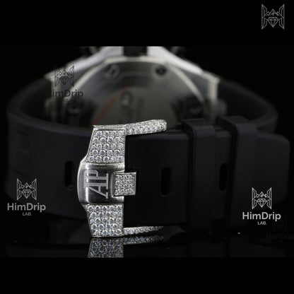 18K White Gold Plated Men's Iced Out Moissanite Chronograph Watch | Black Rubber Strap | D Color VVS Moissanite