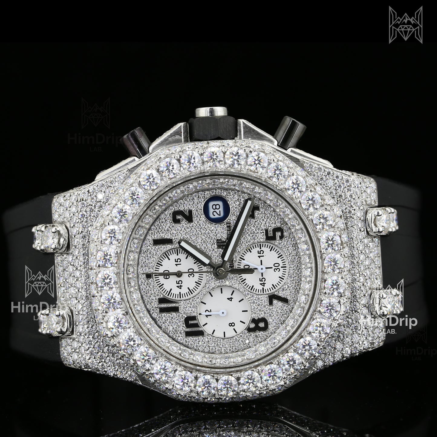 18K White Gold Plated Men's Iced Out Moissanite Chronograph Watch | Black Rubber Strap | D Color VVS Moissanite