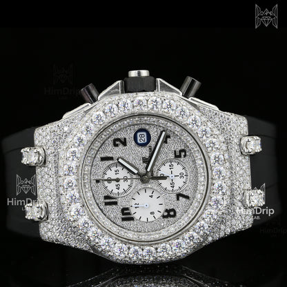 18K White Gold Plated Men's Iced Out Moissanite Chronograph Watch | Black Rubber Strap | D Color VVS Moissanite