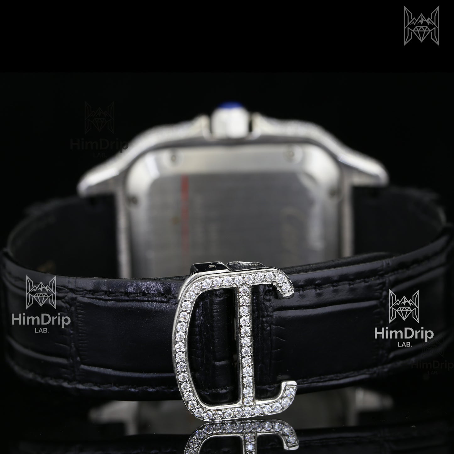Customized Cartier Santos | Fully Iced Out | Automatic Movement | Black Leather Strap