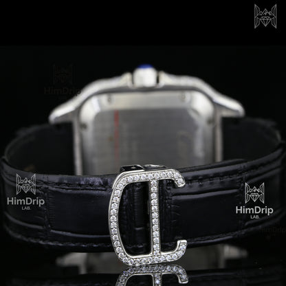 Customized Cartier Santos | Fully Iced Out | Automatic Movement | Black Leather Strap