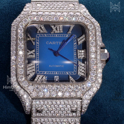 18K White Gold Plated Iced Out Square Moissanite Watch – Blue Sunburst Dial | D VVS Moissanite | Japanese / Semi ETA / ETA Automatic Movement
