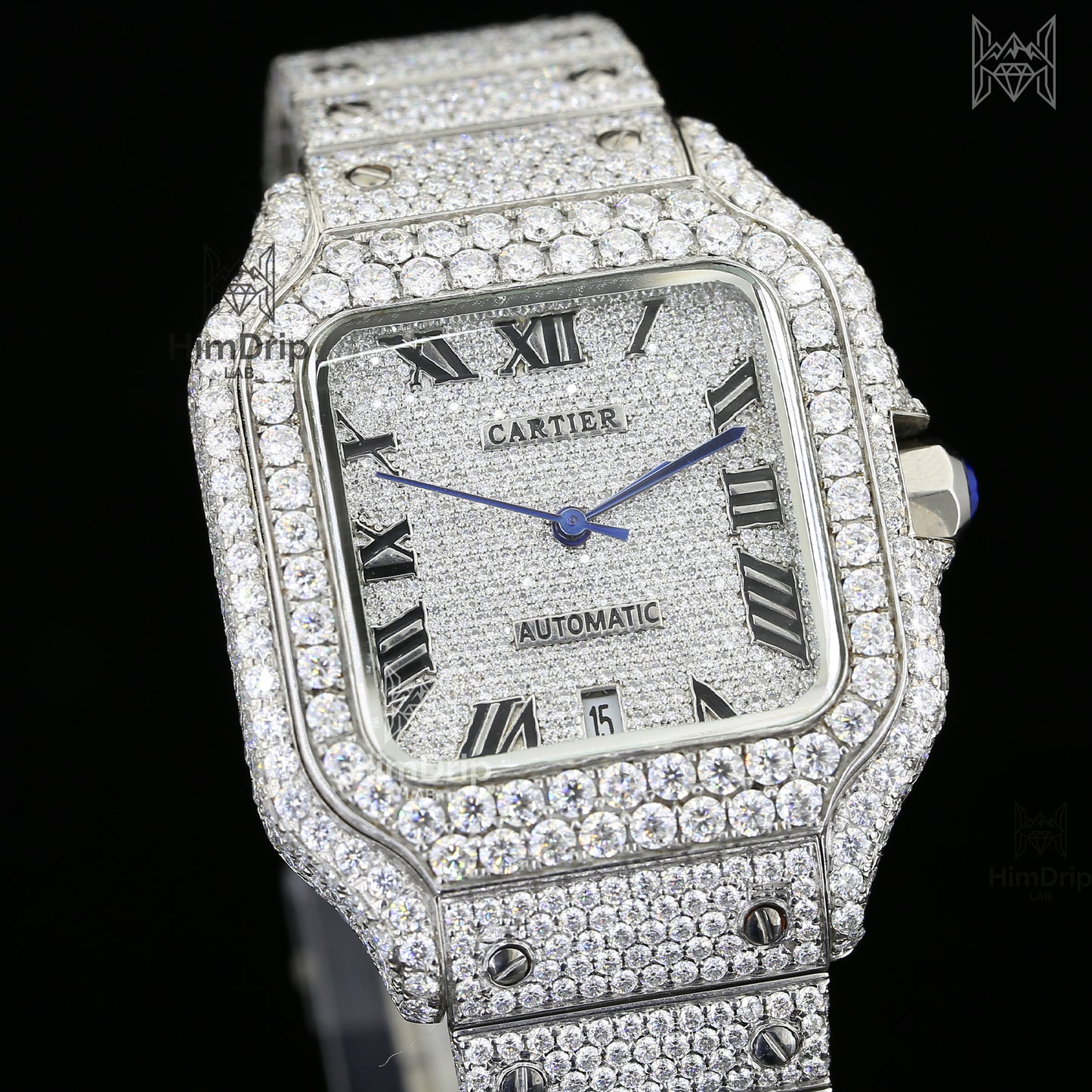 Luxury iced-out square watch featuring D Color VVS Moissanite stones, 18K White Gold Plated finish, silver diamond-paved dial, and your choice of Japanese, Semi ETA, or ETA Automatic movement.