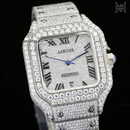 Luxury iced-out square watch featuring D Color VVS Moissanite stones, 18K White Gold Plated finish, silver diamond-paved dial, and your choice of Japanese, Semi ETA, or ETA Automatic movement.