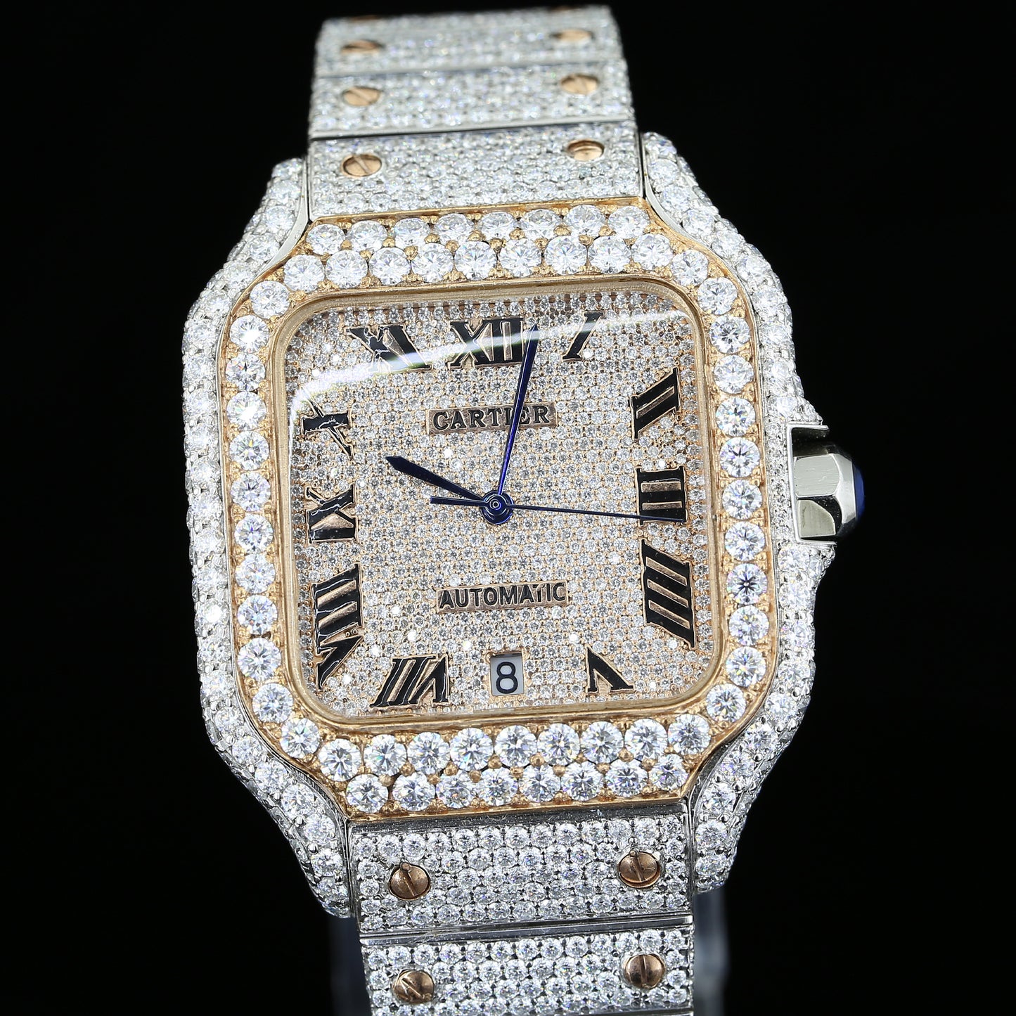 18K White & Rose Gold Plated Iced Out Square Moissanite Watch – Champagne Diamond Dial | D VVS Moissanite | Japanese / Semi ETA / ETA Automatic Movement