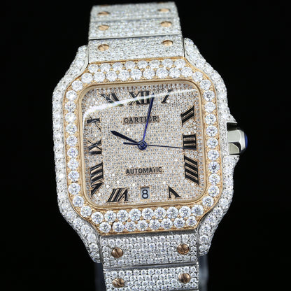 18K White & Rose Gold Plated Iced Out Square Moissanite Watch – Champagne Diamond Dial | D VVS Moissanite | Japanese / Semi ETA / ETA Automatic Movement