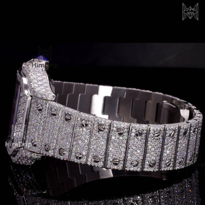 18K White Gold Plated Iced Out Square Moissanite Watch – Purple Dial | D VVS Moissanite | Japanese / Semi ETA / ETA Automatic Movement
