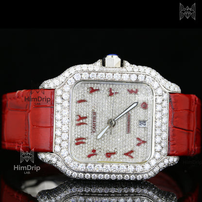 Customized Automatic Moissanite Diamond Luxury Watch | Red Leather Strap | D Color VVS Moissanite