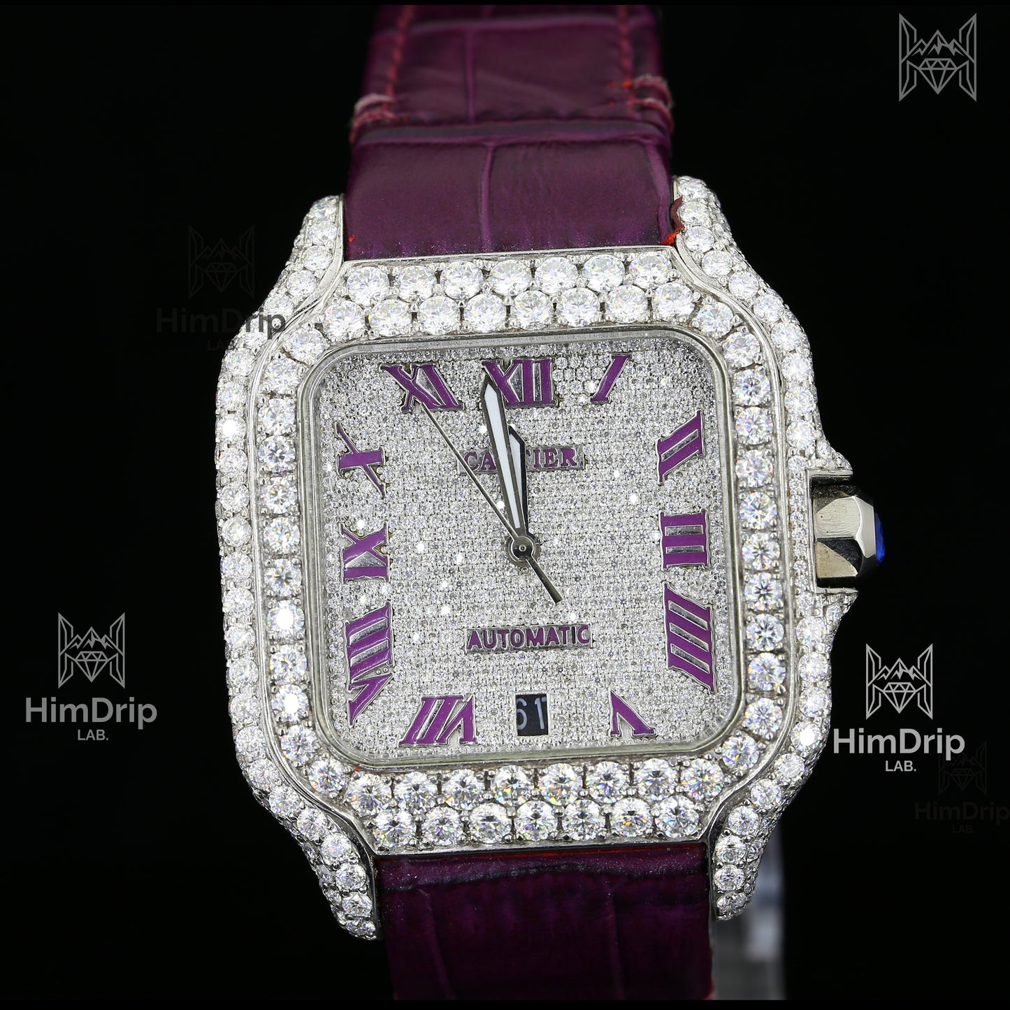 Customized Santos Style Watch – Iced Out | Purple Leather Strap | Automatic Movement