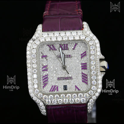 Customized Santos Style Watch – Iced Out | Purple Leather Strap | Automatic Movement
