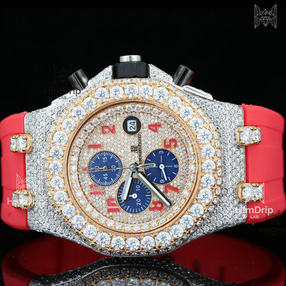 Customized Audemars Piguet Royal Oak Offshore | Iced Out | Rose Gold Bezel | Red Rubber Strap | Automatic Movement