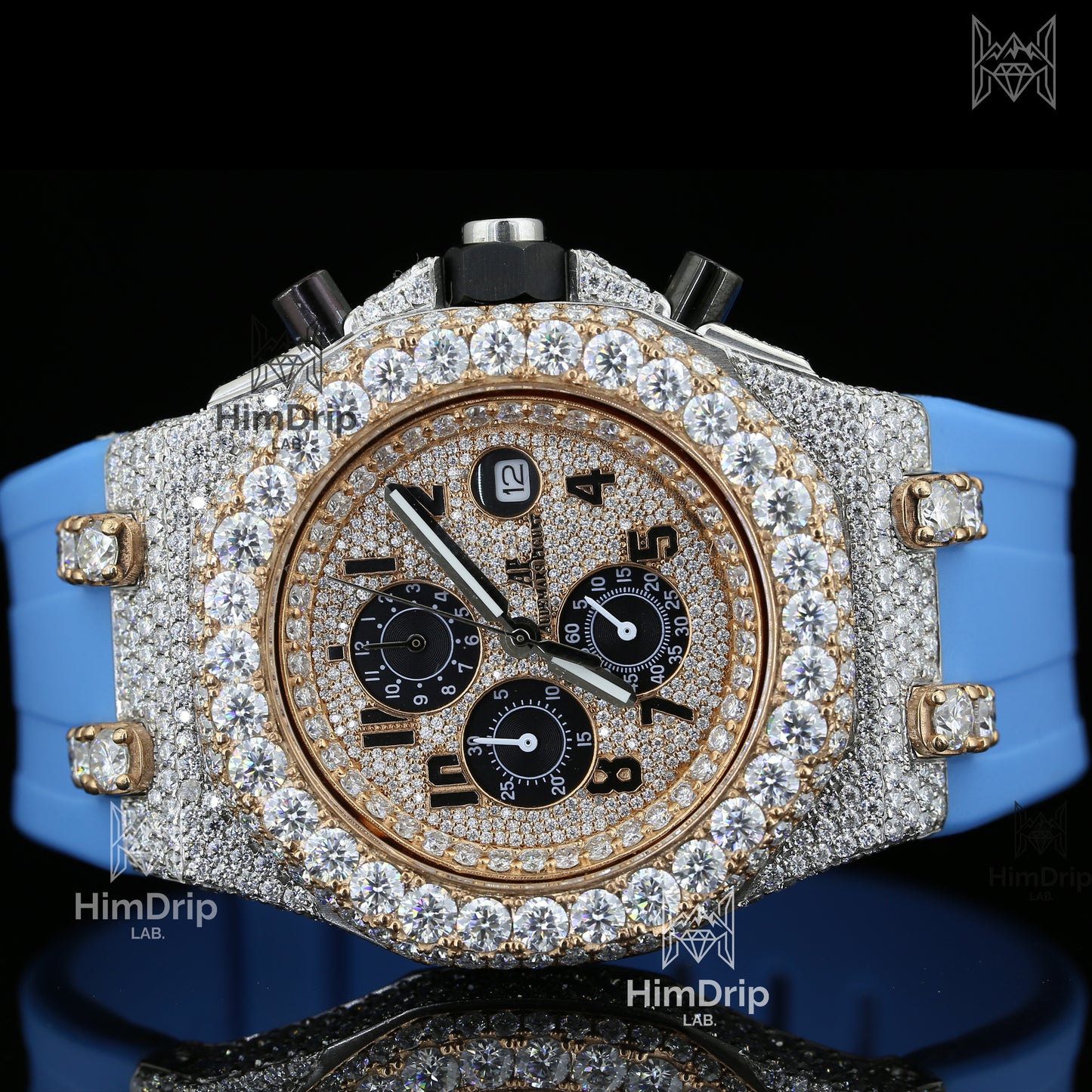 Moissanite Diamond 18K Rose Gold Plated Royal Oak Offshore Chronograph Rubber Strap Watch For Men