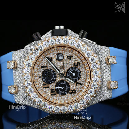 Moissanite Diamond 18K Rose Gold Plated Royal Oak Offshore Chronograph Rubber Strap Watch For Men