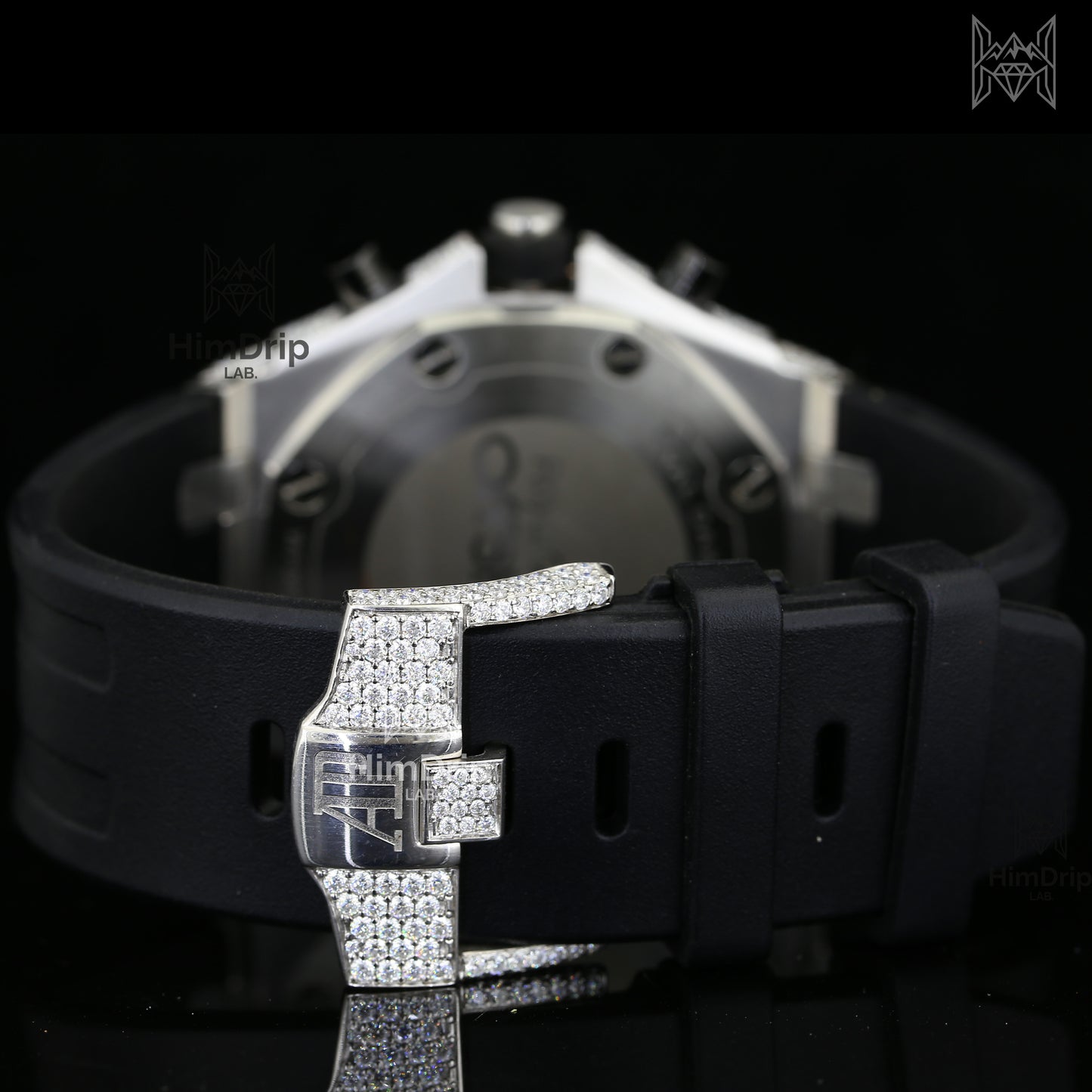 18K White & Rose Gold Plated Iced Out Moissanite Watch – Black Silicone Strap | D VVS Moissanite | Japanese Automatic Movement