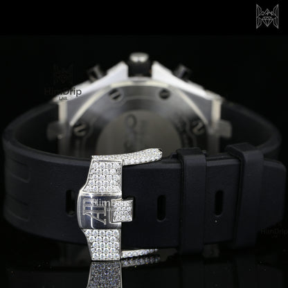 18K White & Rose Gold Plated Iced Out Moissanite Watch – Black Silicone Strap | D VVS Moissanite | Japanese Automatic Movement