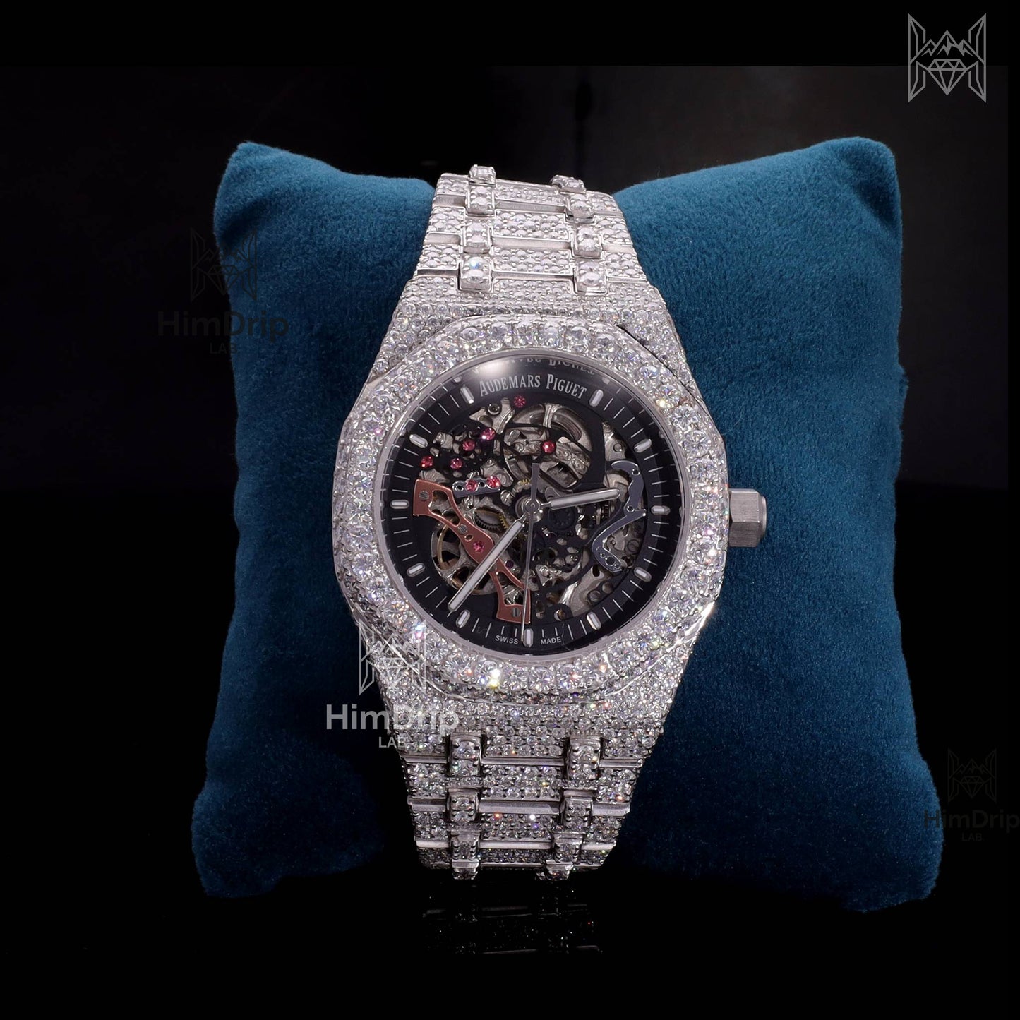 18K White Gold Plated Skeleton Moissanite Watch – Black Dial | D VVS Moissanite | Japanese / Semi ETA / ETA Automatic Movement
