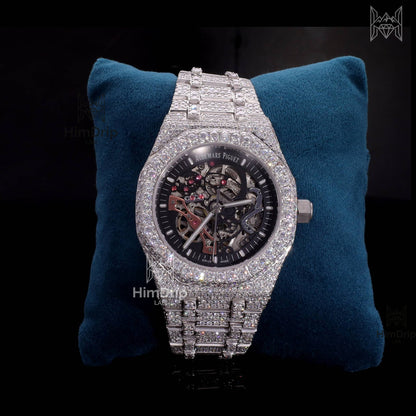 18K White Gold Plated Skeleton Moissanite Watch – Black Dial | D VVS Moissanite | Japanese / Semi ETA / ETA Automatic Movement