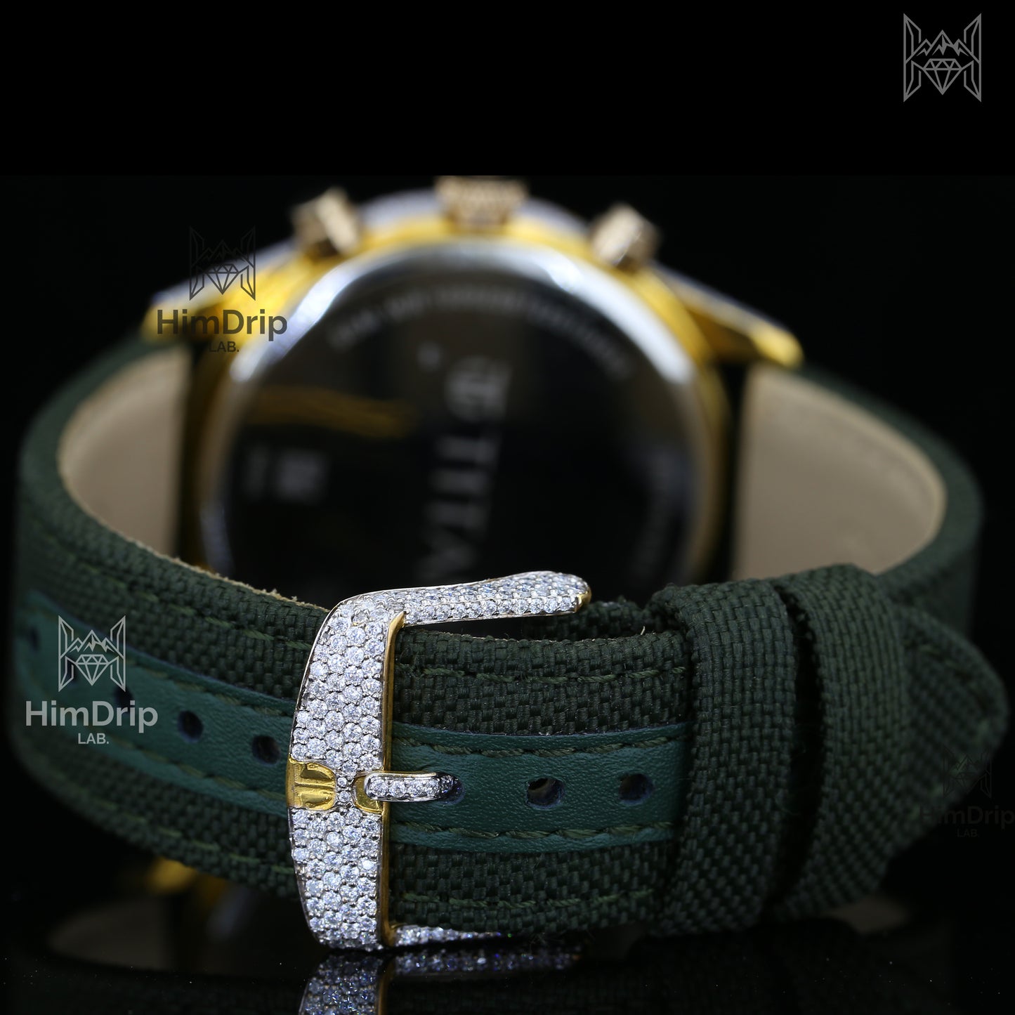 Titan Quartz Watch | Moissanite Diamond Bezel | Green Dial | Green Fabric Strap | Gold Tone Case