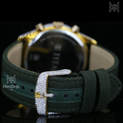 Titan Quartz Watch | Moissanite Diamond Bezel | Green Dial | Green Fabric Strap | Gold Tone Case