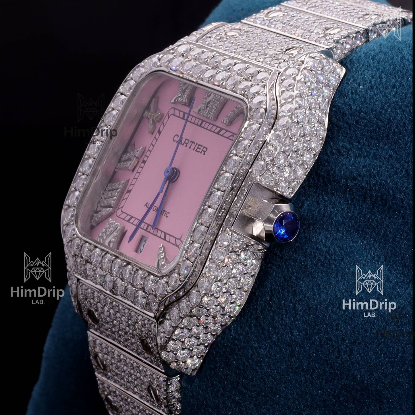 Customized Cartier Santos | Fully Iced Out Diamond Watch | Pink Dial | Automatic Movement