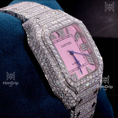 Customized Cartier Santos | Fully Iced Out Diamond Watch | Pink Dial | Automatic Movement