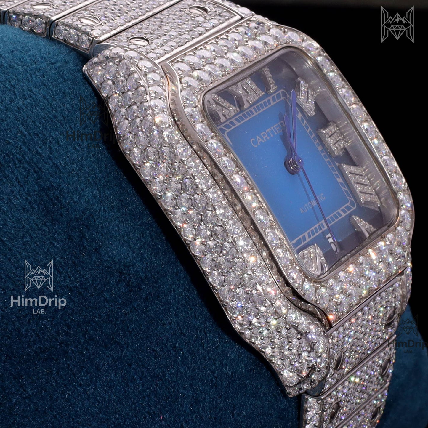 18K White Gold Plated Iced Out Square Moissanite Watch – Blue Sunburst Dial | D VVS Moissanite | Japanese / Semi ETA / ETA Automatic Movement