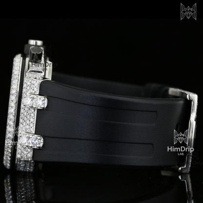 18K White Gold Plated Men's Iced Out Moissanite Chronograph Watch | Black Rubber Strap | D Color VVS Moissanite
