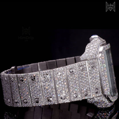 18K White Gold Plated Iced Out Square Moissanite Watch – Silver Dial | D VVS Moissanite | Japanese / Semi ETA / ETA Automatic Movement