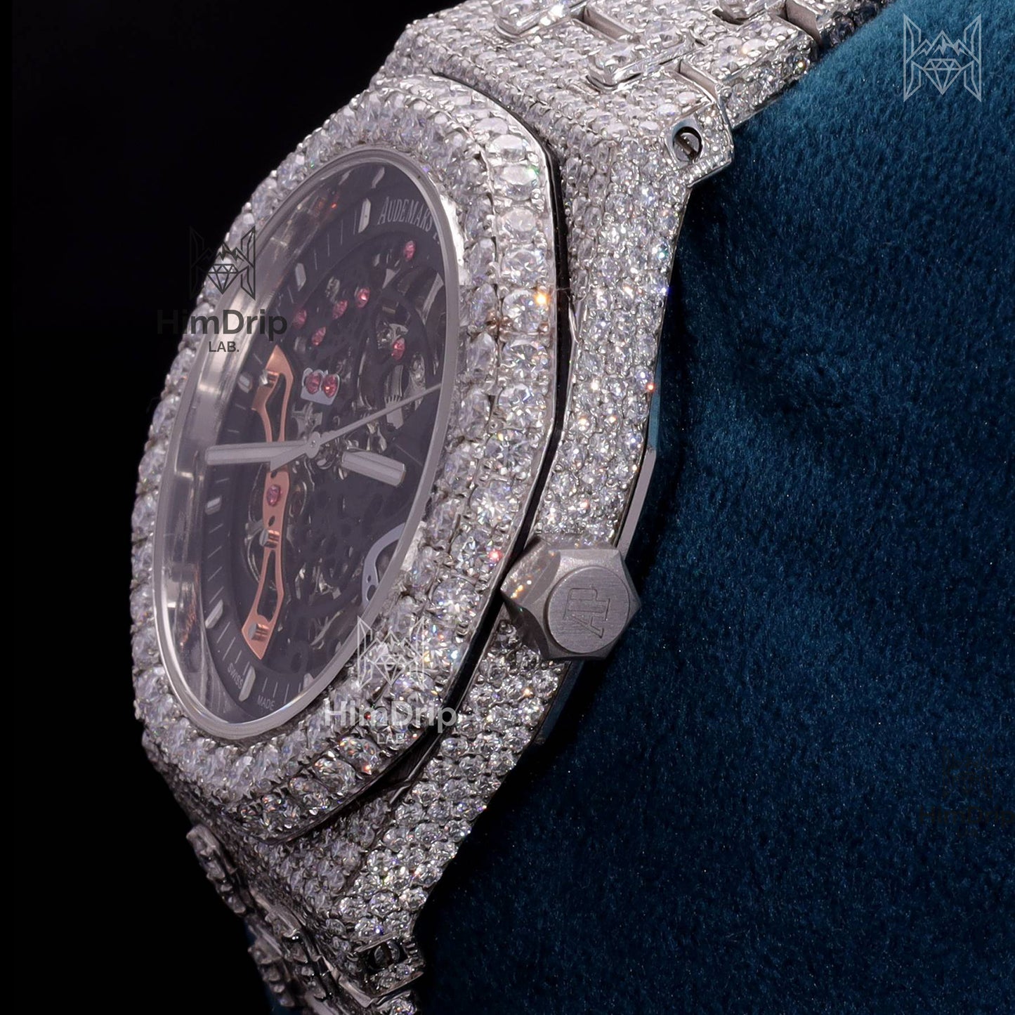 18K White Gold Plated Skeleton Moissanite Watch – Black Dial | D VVS Moissanite | Japanese / Semi ETA / ETA Automatic Movement