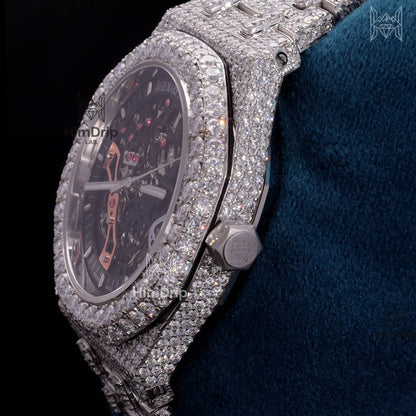 18K White Gold Plated Skeleton Moissanite Watch – Black Dial | D VVS Moissanite | Japanese / Semi ETA / ETA Automatic Movement