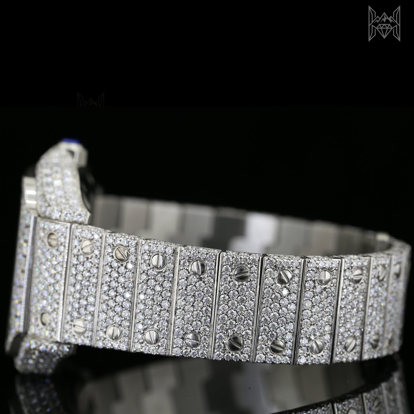 Luxury iced-out square watch featuring D Color VVS Moissanite stones, 18K White Gold Plated finish, silver diamond-paved dial, and your choice of Japanese, Semi ETA, or ETA Automatic movement.