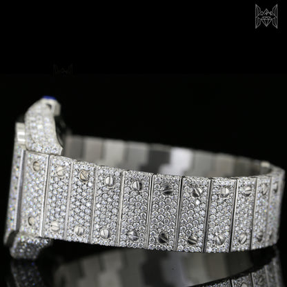 Luxury iced-out square watch featuring D Color VVS Moissanite stones, 18K White Gold Plated finish, silver diamond-paved dial, and your choice of Japanese, Semi ETA, or ETA Automatic movement.