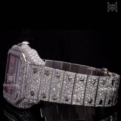 Customized Cartier Santos | Fully Iced Out Diamond Watch | Pink Dial | Automatic Movement