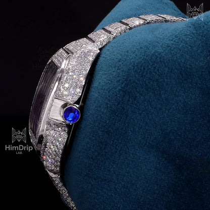 18K White Gold Plated Iced Out Square Moissanite Watch – Purple Dial | D VVS Moissanite | Japanese / Semi ETA / ETA Automatic Movement