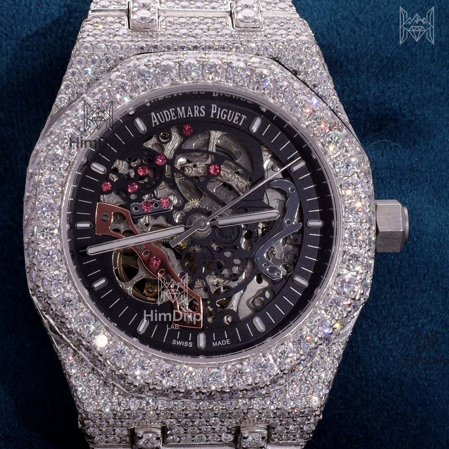 18K White Gold Plated Skeleton Moissanite Watch – Black Dial | D VVS Moissanite | Japanese / Semi ETA / ETA Automatic Movement