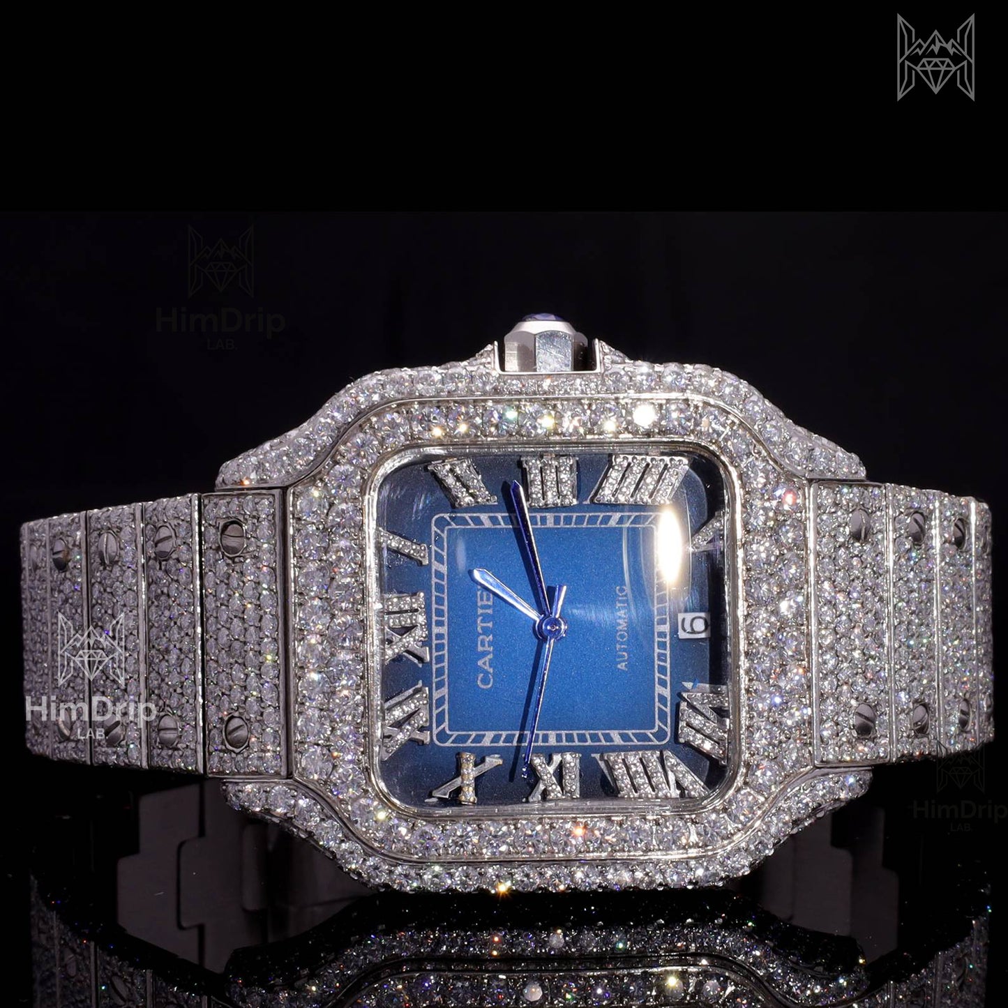 18K White Gold Plated Iced Out Square Moissanite Watch – Blue Sunburst Dial | D VVS Moissanite | Japanese / Semi ETA / ETA Automatic Movement