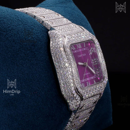 18K White Gold Plated Iced Out Square Moissanite Watch – Purple Dial | D VVS Moissanite | Japanese / Semi ETA / ETA Automatic Movement