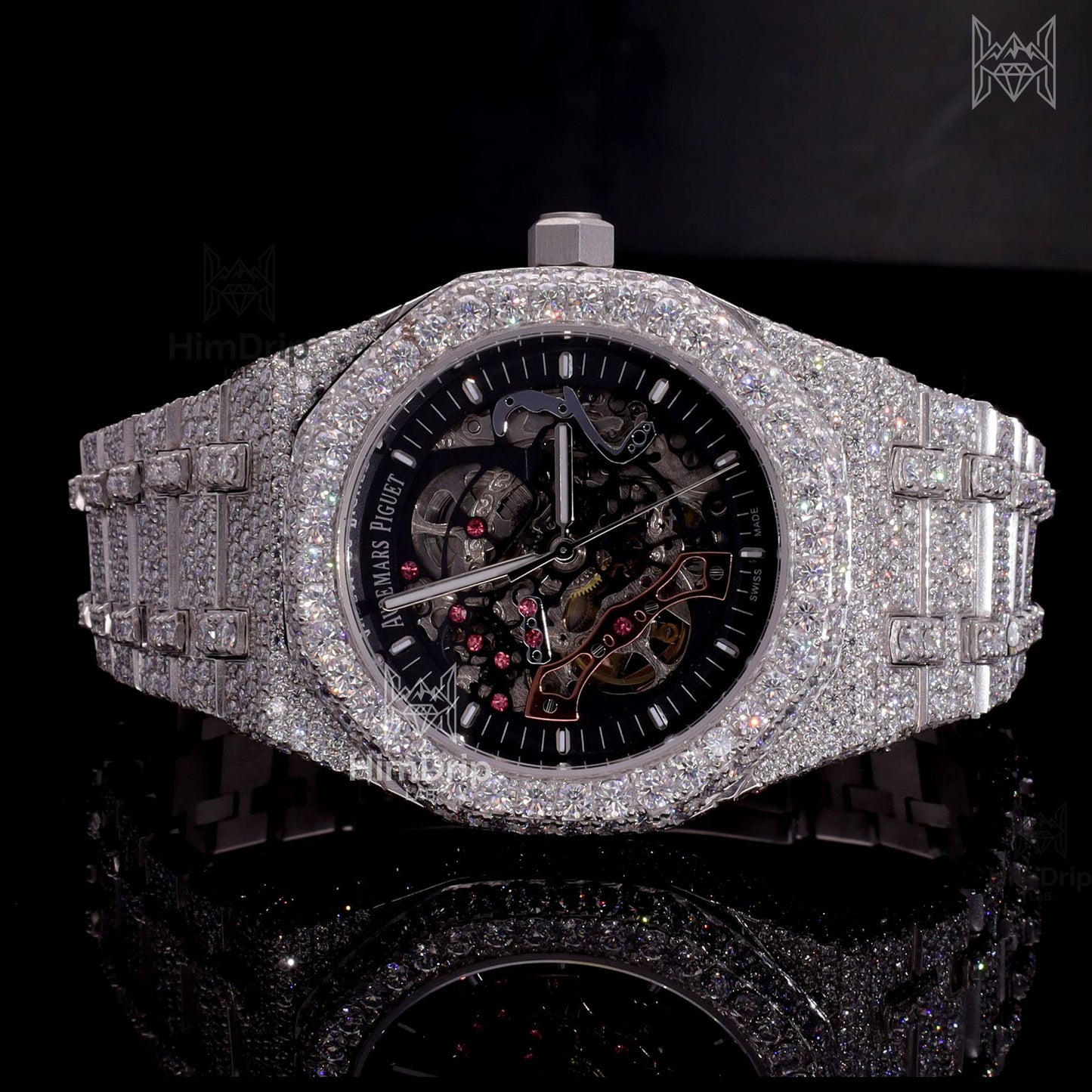 18K White Gold Plated Skeleton Moissanite Watch – Black Dial | D VVS Moissanite | Japanese / Semi ETA / ETA Automatic Movement