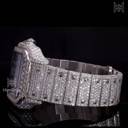 18K White Gold Plated Iced Out Square Moissanite Watch – Blue Sunburst Dial | D VVS Moissanite | Japanese / Semi ETA / ETA Automatic Movement