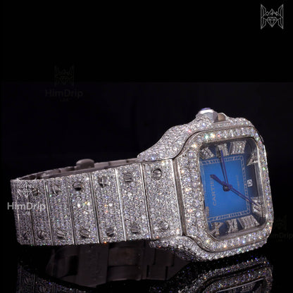 18K White Gold Plated Iced Out Square Moissanite Watch – Blue Sunburst Dial | D VVS Moissanite | Japanese / Semi ETA / ETA Automatic Movement