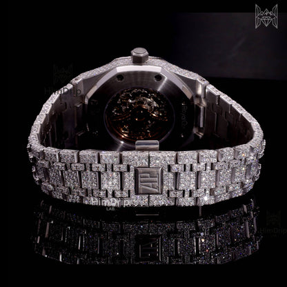 18K White Gold Plated Skeleton Moissanite Watch – Black Dial | D VVS Moissanite | Japanese / Semi ETA / ETA Automatic Movement