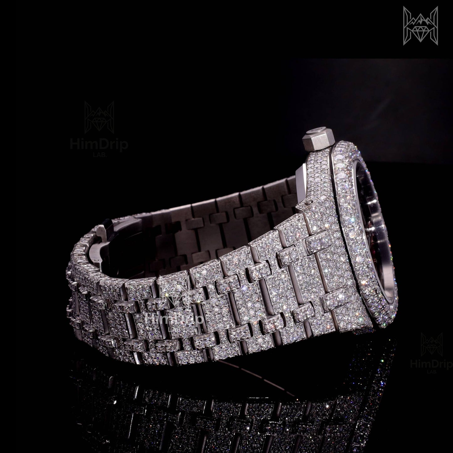 18K White Gold Plated Skeleton Moissanite Watch – Black Dial | D VVS Moissanite | Japanese / Semi ETA / ETA Automatic Movement