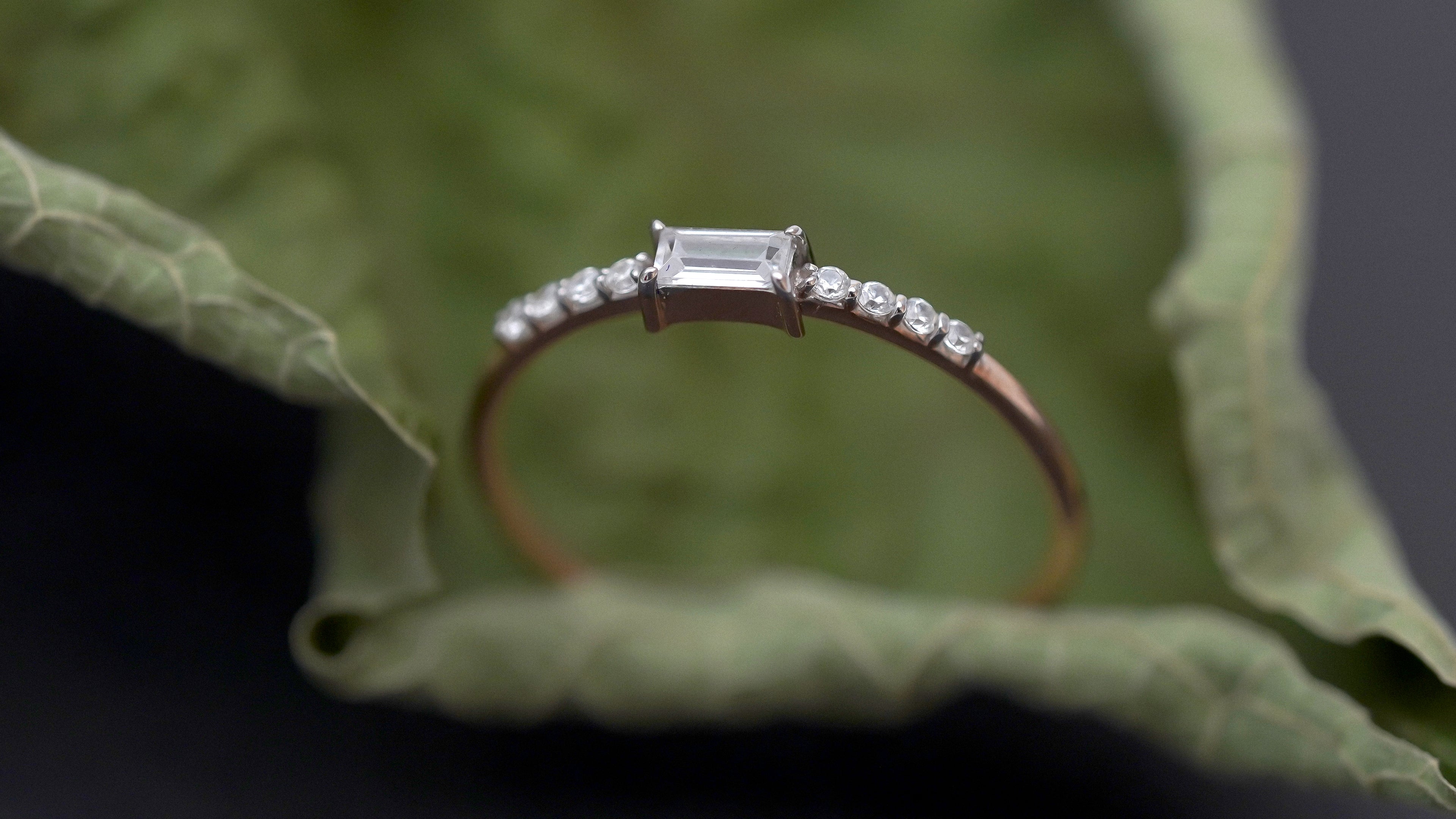 Sterling Silver Moissanite Promise Ring: Baguette & Round Cut Bridal Jewelry