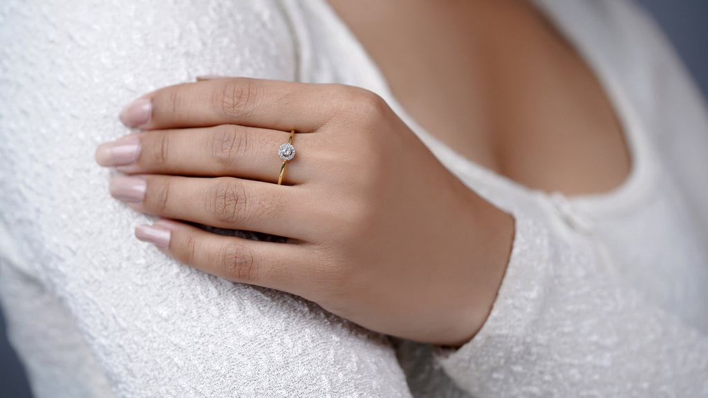 Sterling Silver Moissanite Halo Engagement Ring: Dainty Bridal Jewelry