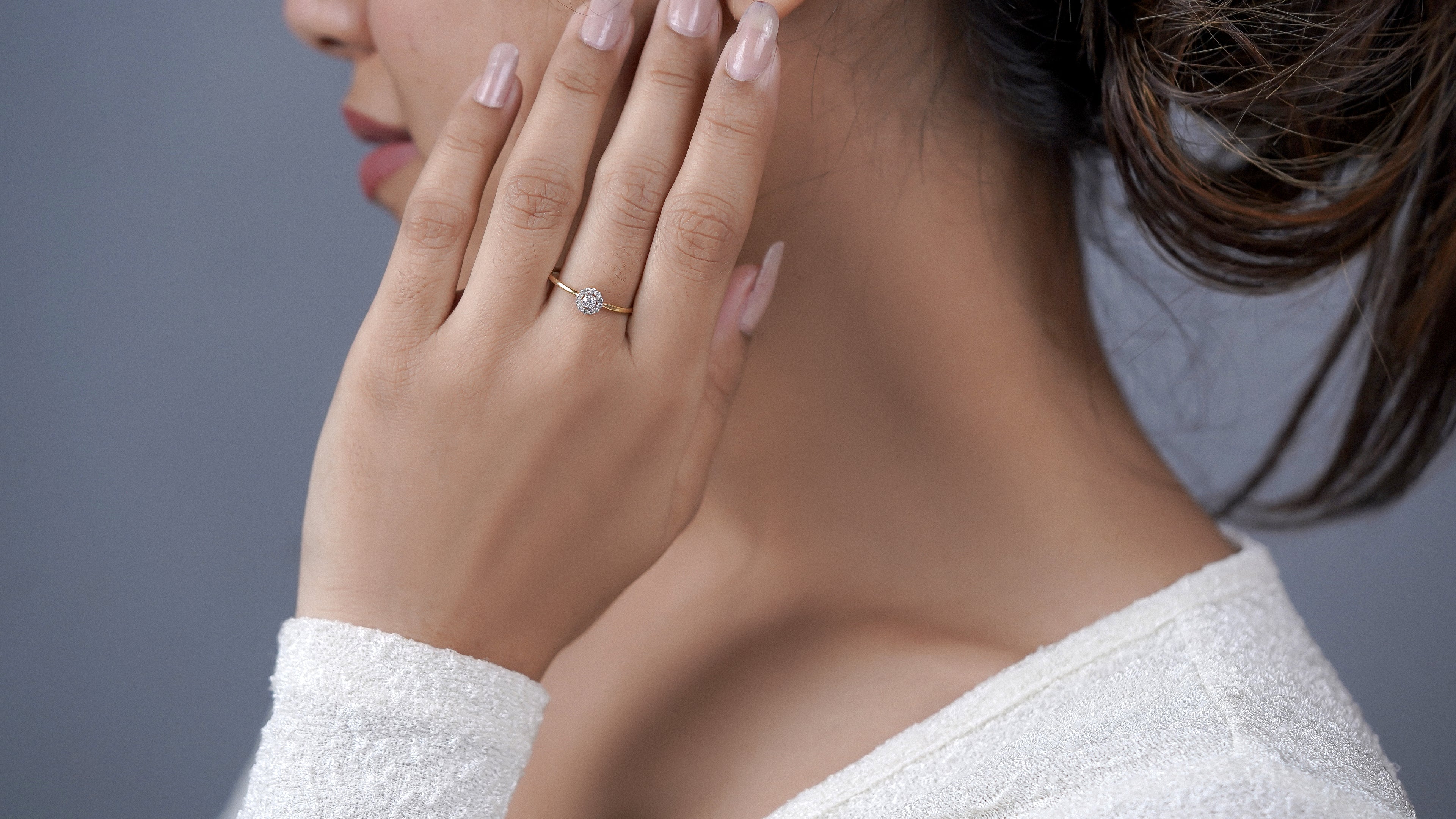 Sterling Silver Moissanite Halo Engagement Ring: Dainty Bridal Jewelry