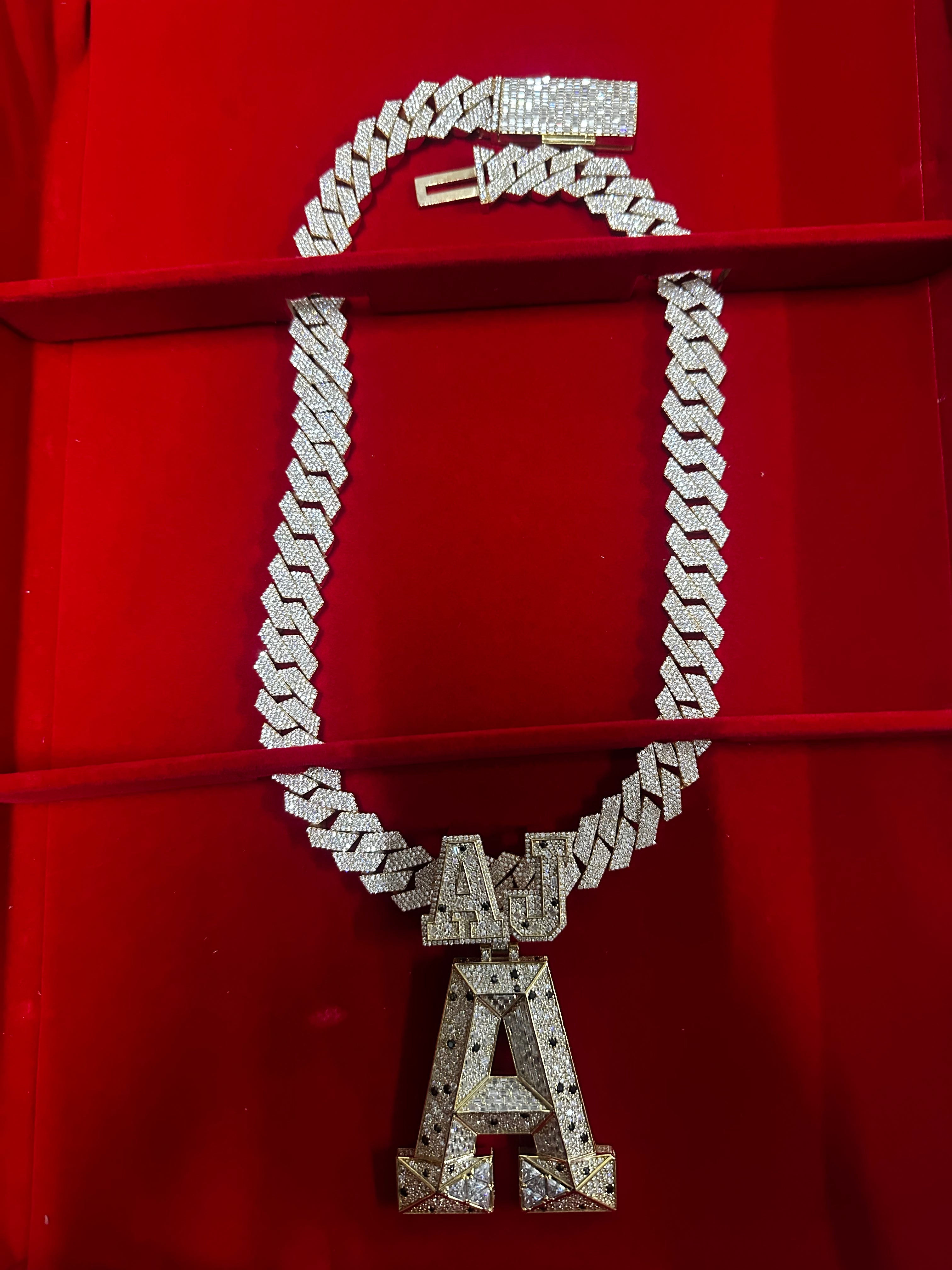 This stunning fully iced-out custom “AJ-A” pendant is crafted with premium detailing and a luxury finish Perfect hip-hop jewelry, rappers